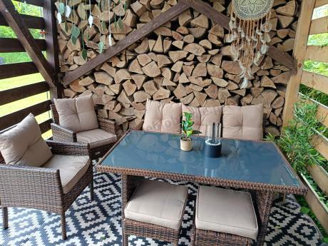 Brązowe meble technorattanowe z wysokim stołem 120cm i sofą Torino Dining
