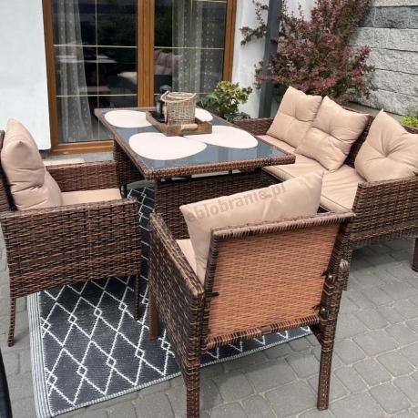Brązowe meble technorattanowe z wysokim stołem 120cm i sofą Torino Dining