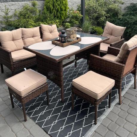 Brązowe meble technorattanowe z wysokim stołem 120cm i sofą Torino Dining