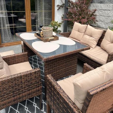 Brązowe meble technorattanowe z wysokim stołem 120cm i sofą Torino Dining