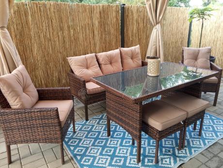 Brązowe meble technorattanowe z wysokim stołem 120cm i sofą Torino Dining