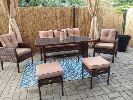 Brązowe meble technorattanowe z wysokim stołem 120cm i sofą Torino Dining