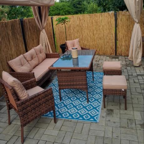 Brązowe meble technorattanowe z wysokim stołem 120cm i sofą Torino Dining