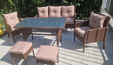 Brązowe meble technorattanowe z wysokim stołem 120cm i sofą Torino Dining