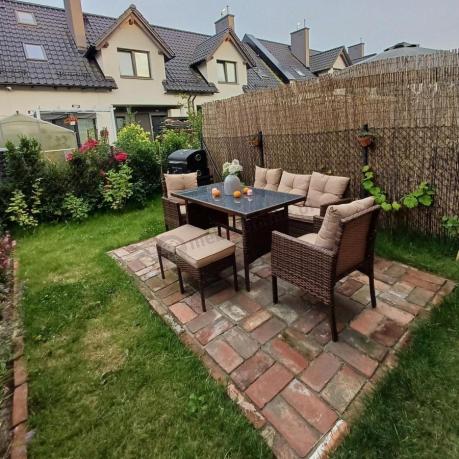 Brązowe meble technorattanowe z wysokim stołem 120cm i sofą Torino Dining