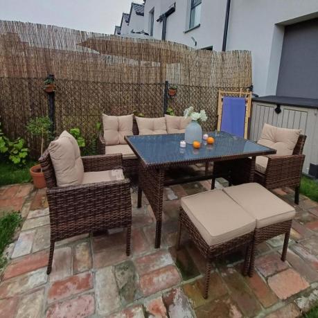 Brązowe meble technorattanowe z wysokim stołem 120cm i sofą Torino Dining