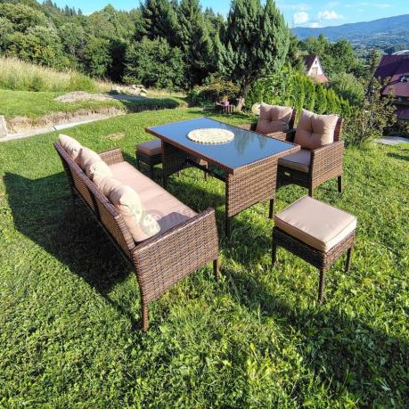 Brązowe meble technorattanowe z wysokim stołem 120cm i sofą Torino Dining
