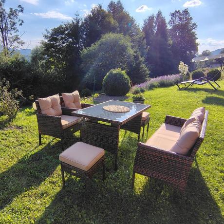 Brązowe meble technorattanowe z wysokim stołem 120cm i sofą Torino Dining