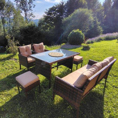 Brązowe meble technorattanowe z wysokim stołem 120cm i sofą Torino Dining