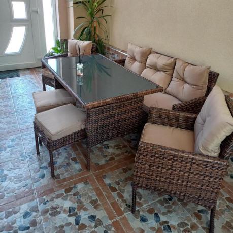 Brązowe meble technorattanowe z wysokim stołem 120cm i sofą Torino Dining