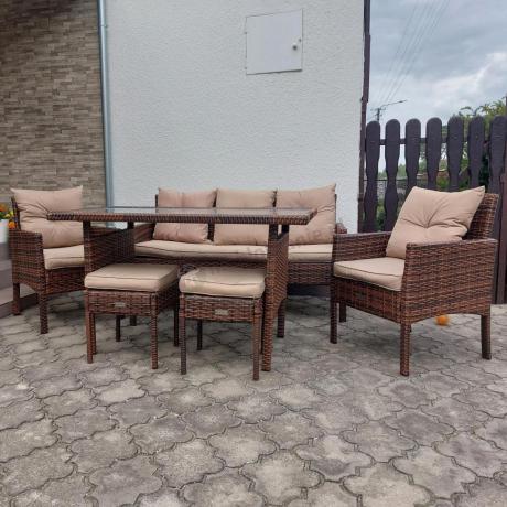 Brązowe meble technorattanowe z wysokim stołem 120cm i sofą Torino Dining