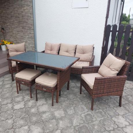 Brązowe meble technorattanowe z wysokim stołem 120cm i sofą Torino Dining