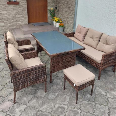 Brązowe meble technorattanowe z wysokim stołem 120cm i sofą Torino Dining