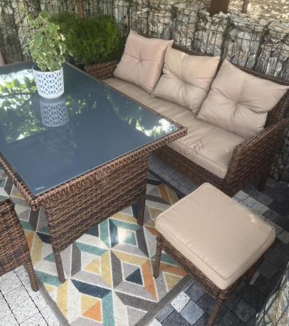 Brązowe meble technorattanowe z wysokim stołem 120cm i sofą Torino Dining
