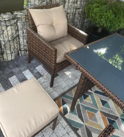 Brązowe meble technorattanowe z wysokim stołem 120cm i sofą Torino Dining