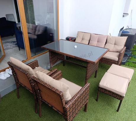 Brązowe meble technorattanowe z wysokim stołem 120cm i sofą Torino Dining
