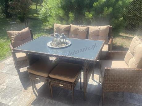 Brązowe meble technorattanowe z wysokim stołem 120cm i sofą Torino Dining