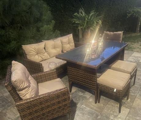 Brązowe meble technorattanowe z wysokim stołem 120cm i sofą Torino Dining