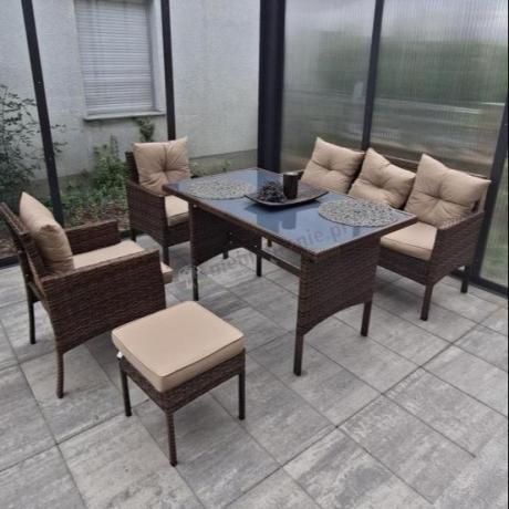 Brązowe meble technorattanowe z wysokim stołem 120cm i sofą Torino Dining