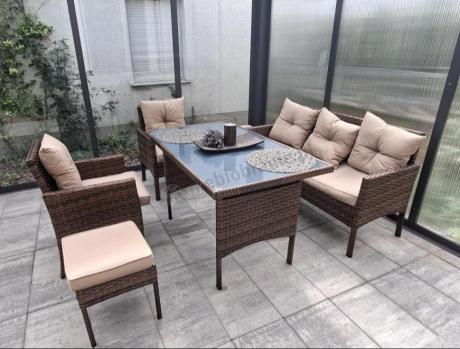 Brązowe meble technorattanowe z wysokim stołem 120cm i sofą Torino Dining