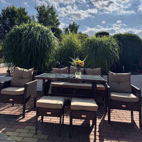 Brązowe meble technorattanowe z wysokim stołem 120cm i sofą Torino Dining