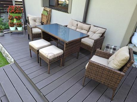 Brązowe meble technorattanowe z wysokim stołem 120cm i sofą Torino Dining