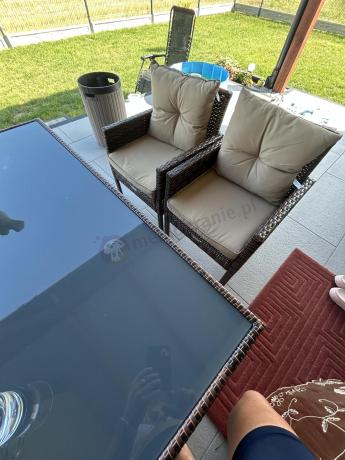 Brązowe meble technorattanowe z wysokim stołem 120cm i sofą Torino Dining