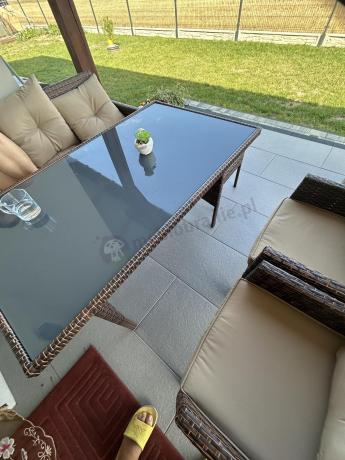 Brązowe meble technorattanowe z wysokim stołem 120cm i sofą Torino Dining