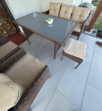 Brązowe meble technorattanowe z wysokim stołem 120cm i sofą Torino Dining