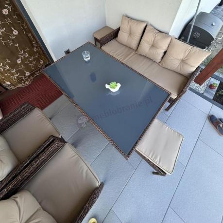 Brązowe meble technorattanowe z wysokim stołem 120cm i sofą Torino Dining