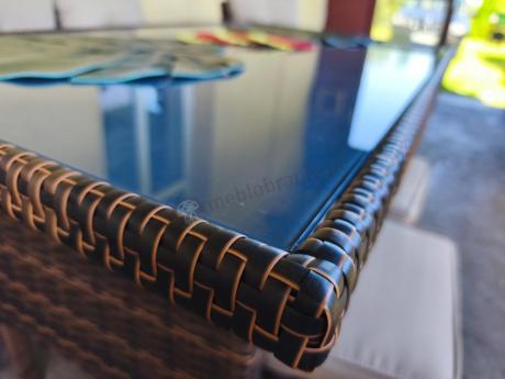 Brązowe meble technorattanowe z wysokim stołem 120cm i sofą Torino Dining