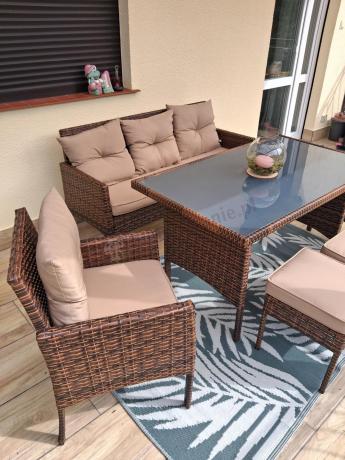 Brązowe meble technorattanowe z wysokim stołem 120cm i sofą Torino Dining
