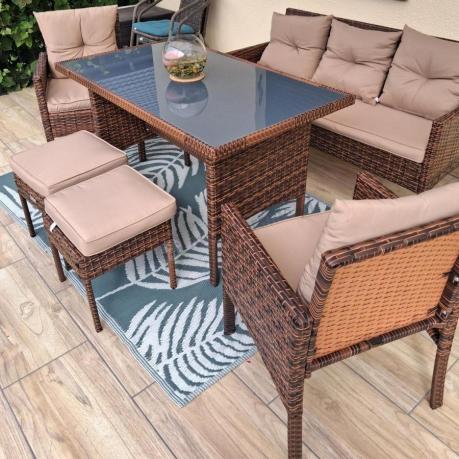 Brązowe meble technorattanowe z wysokim stołem 120cm i sofą Torino Dining