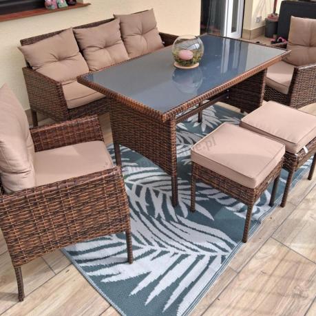 Brązowe meble technorattanowe z wysokim stołem 120cm i sofą Torino Dining