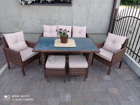 Brązowe meble technorattanowe z wysokim stołem 120cm i sofą Torino Dining