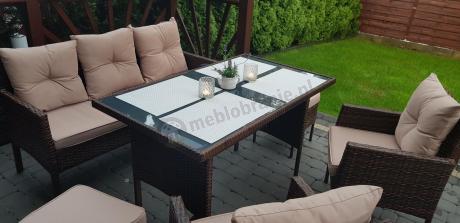 Brązowe meble technorattanowe z wysokim stołem 120cm i sofą Torino Dining