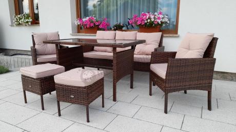 Brązowe meble technorattanowe z wysokim stołem 120cm i sofą Torino Dining