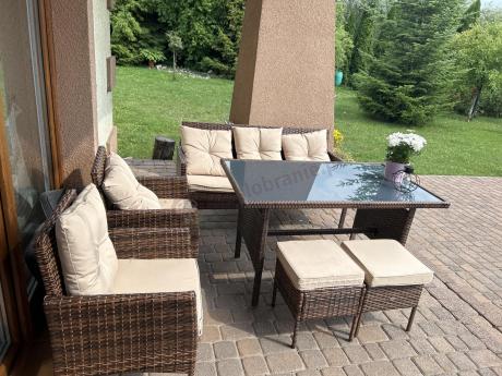 Brązowe meble technorattanowe z wysokim stołem 120cm i sofą Torino Dining