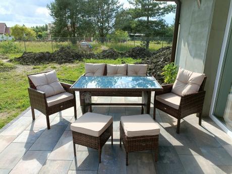 Brązowe meble technorattanowe z wysokim stołem 120cm i sofą Torino Dining