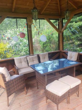 Brązowe meble technorattanowe z wysokim stołem 120cm i sofą Torino Dining