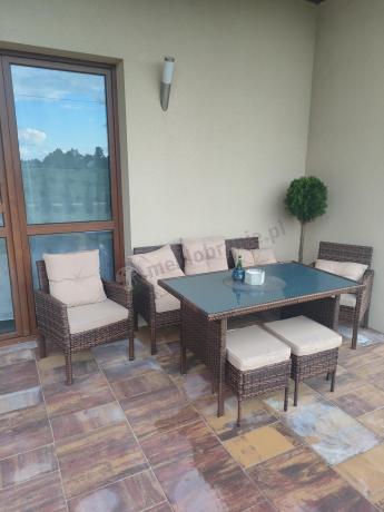 Brązowe meble technorattanowe z wysokim stołem 120cm i sofą Torino Dining