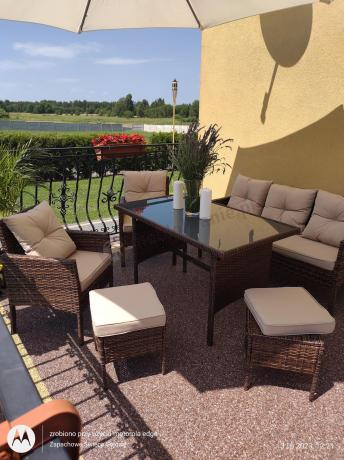 Brązowe meble technorattanowe z wysokim stołem 120cm i sofą Torino Dining