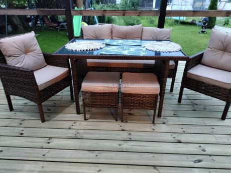 Brązowe meble technorattanowe z wysokim stołem 120cm i sofą Torino Dining