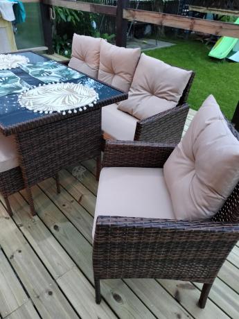 Brązowe meble technorattanowe z wysokim stołem 120cm i sofą Torino Dining
