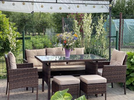 Brązowe meble technorattanowe z wysokim stołem 120cm i sofą Torino Dining