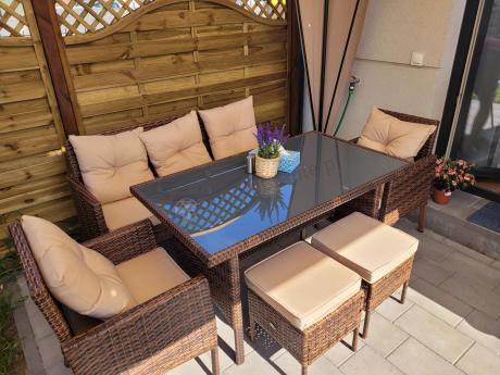 Brązowe meble technorattanowe z wysokim stołem 120cm i sofą Torino Dining
