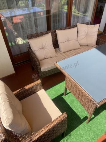 Brązowe meble technorattanowe z wysokim stołem 120cm i sofą Torino Dining