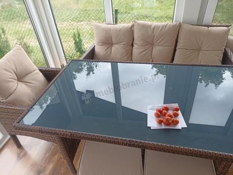 Brązowe meble technorattanowe z wysokim stołem 120cm i sofą Torino Dining