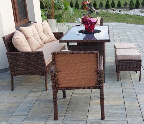 Brązowe meble technorattanowe z wysokim stołem 120cm i sofą Torino Dining