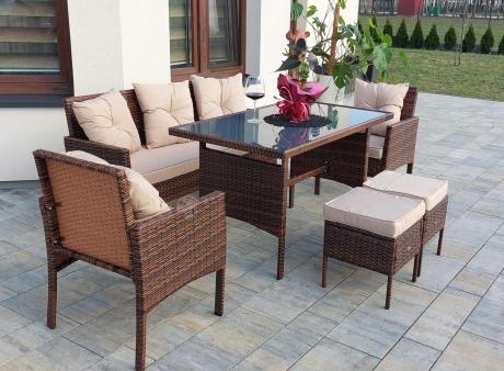 Brązowe meble technorattanowe z wysokim stołem 120cm i sofą Torino Dining